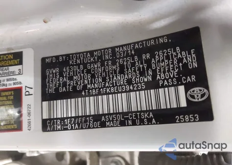 2014 Toyota Camry Se from USA, damaged, VIN 4T1BF1FK8EU394235